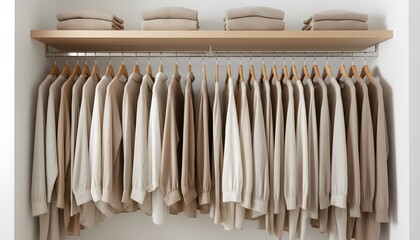 A collection of neatly organized clothing hangs in a spacious closet with shirts and pants on hangers and folded items on a shelf.