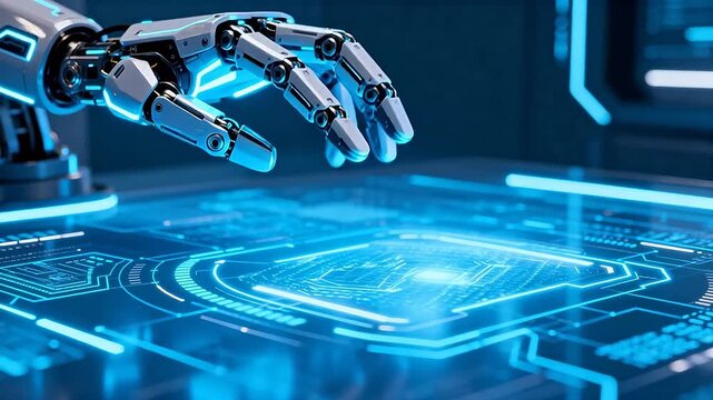 Futuristic robotic hand interacting with digital interface