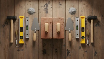 A group of construction tools hang on a wooden wall in a workshop with levels and trowels.