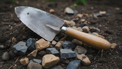 A trowel lies on a pile of rocks and soil in a garden.