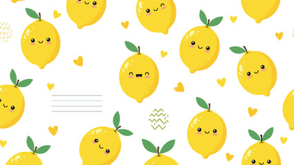 Fototapeta premium Adorable kawaii lemon seamless pattern background with cute smiling faces, yellow hearts, and a blank space for custom text.
