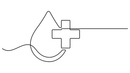 Blood drop icon single line drawing, continuous line art drawing of blood drop, Continuous one line art drawing of a blood drop integrated with a medical cross symbol vector illustration
