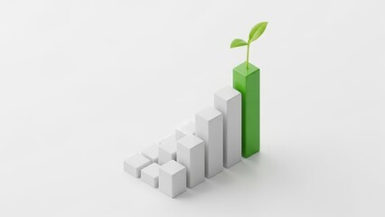 Minimalist 3D bar chart with green plant sprout symbolizing growth.
