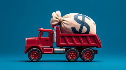 A red toy dump truck carries a large beige money bag marked with a dollar sign against a blue background. The scene evokes themes of wealth, transportation, and savings in a playful manner.