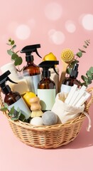 Eco-friendly cleaning products in a wicker basket on a pink background