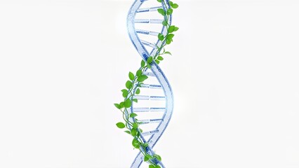 Illustration of a DNA double helix wrapped with green leaves on a white background, symbolizing bioengineering.