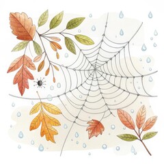Raindrops glisten on a spider web adorned with colorful autumn leaves