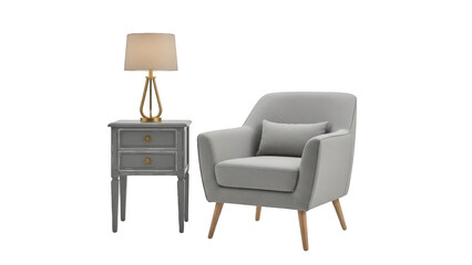 Fototapeta premium Gray Armchair and Nightstand with Gold Lamp isolated on a transparent background furniture