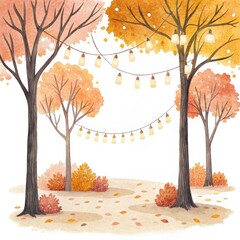 Twinkling lights hung between trees during a serene autumn evening in a park