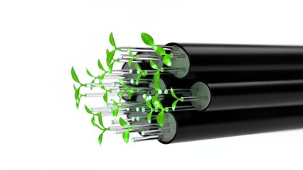 Fiber optic cables intertwined with green leaves, symbolizing technology meeting nature.