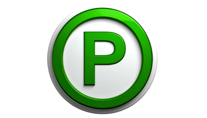 A 3D-rendered, circular icon shows a white background within a green ring. A large green letter "P" is centered