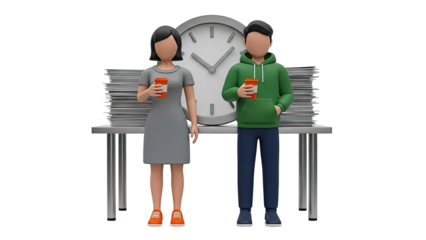 People with coffee cups and stack of papers in front of a clock