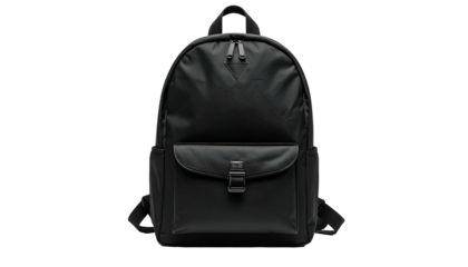 A black, minimalist backpack. Features a front pocket with a clasp, adjustable straps, and a top handle. It has a rounded shape