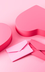 Pink heart shaped stage and pink love letters. Valentine's Day theme background. Wedding theme background. 3d rendering.