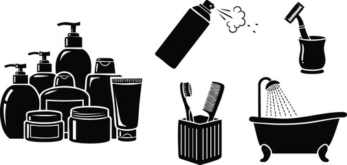 Black silhouette collection of bathroom hygiene products including pump bottles jars tube spray can toothbrush cup comb razor and clawfoot bathtub with shower head vector art