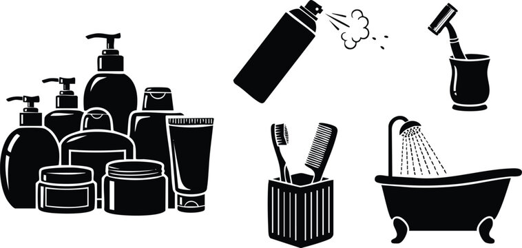 Black silhouette collection of bathroom hygiene products including pump bottles jars tube spray can toothbrush cup comb razor and clawfoot bathtub with shower head vector art