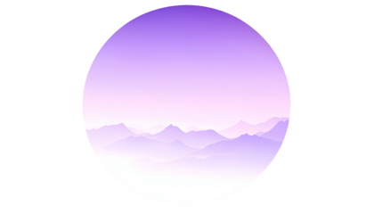 A circular graphic showcases pastel mountains enveloped in a hazy atmosphere. The gradient sky transitions from violet to white