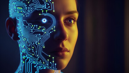 A futuristic image of a woman with one side of her face transformed into complex circuitry, with glowing lines and patterns representing artificial intelligence. The bright blue lights give the appear