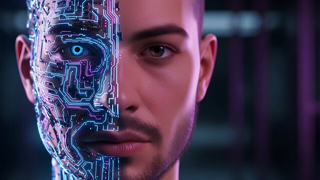 A close-up of a human face, half composed of human skin and the other half made of intricate robotic circuitry and glowing blue lights. The image blends organic and artificial features, reflecting a f