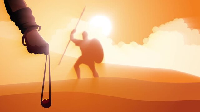Motion graphic of the biblical story of David and Goliath, showing a young warrior facing a giant enemy. Symbolic concept of courage, faith, and overcoming impossible challenges.