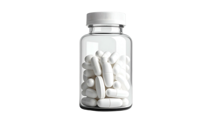 A clear glass bottle, tightly sealed with a white cap, filled with numerous opaque white oblong pills. The composition is set against a black backdrop