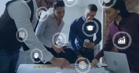 Animation of icons and data processing over diverse business people in office