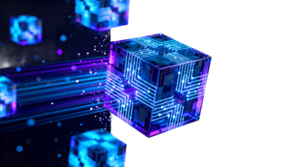 Futuristic Digital Cube with Circuit Patterns and Data Streams