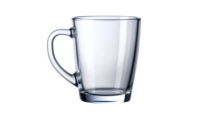 A clear, transparent, glass mug with a curved handle stands against a stark black background. It appears ready to hold a warm drink