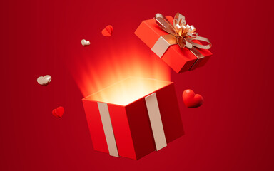 Opening gift box with red background. Holiday gift. Valentines Gift. Holiday sales promotion and so on, 3d rendering.