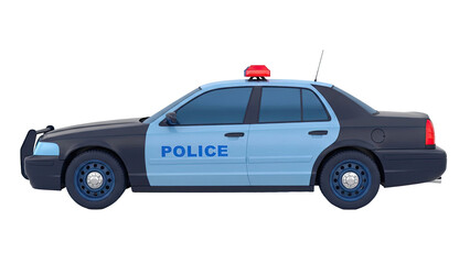 Side View of a Black and Light Blue Police Car with Red Light Bar