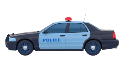 Side View of a Black and Light Blue Police Car with Red Light Bar