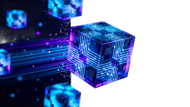 Futuristic Digital Cube with Circuit Patterns and Data Streams - Powered by Adobe