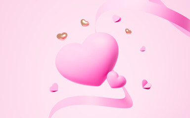 Valentines Day gifts with red hearts. Heart shaped origami. Valentine's Day theme background. Wedding theme background. 3d rendering.