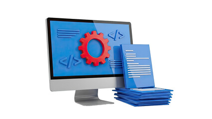 Computer with Code and Gear Symbols