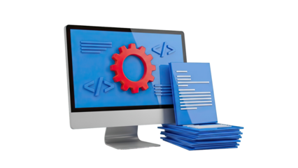 Computer with Code and Gear Symbols