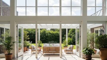 Elegant sunroom with open french doors leading to a lush garden patio