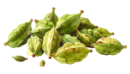 A close-up, high-angle view showcases a pile of vibrant, green seed pods. The detailed illustration features subtle shading