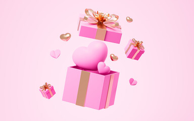 Obraz premium Valentines Day gifts with red hearts. Heart shaped origami. Valentine's Day theme background. Wedding theme background. 3d rendering.