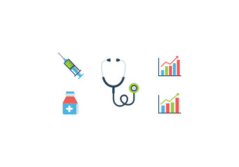 Vector Ilustration Concept Medical Icons Set - Stethoscope, Syringe, Medicine Bottle, and Growth Charts.