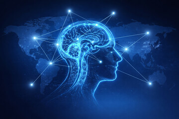 AI generated digital illustration human brain and head connected to global data network symbolizing artificial intelligence brain connectivity digital intelligence and worldwide information exchange