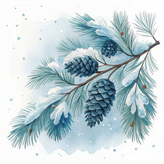 Watercolor pine branch with snow in blue tones