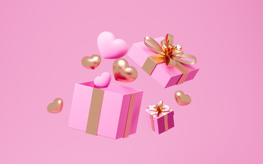 Valentines Day gifts with red hearts. Heart shaped origami. Valentine's Day theme background. Wedding theme background. 3d rendering.