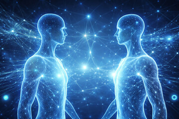 AI generated digital illustration of two virtual human figures connected by glowing data networks representing digital communication metaverse interaction and future human connectivity