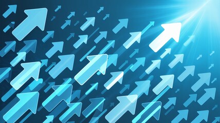 Many blue arrows pointing upwards with one white arrow leading the way