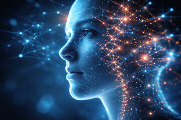 AI generated human face integrated with artificial intelligence neural network and digital mind visualization showing cognitive processing data flow and future human machine collaboration