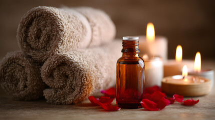 Spa day serenity: a still life featuring rolled towels, a brown glass bottle of essential oil, scattered rose petals, and softly glowing candles for a relaxing wellness experience.