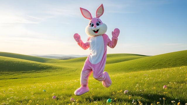 Pink easter bunny in a green grassy field on a sunny day - Powered by Adobe