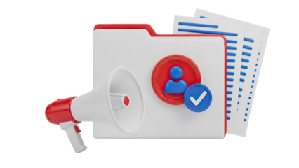 3D Rendering of Megaphone and Folder with User Icon and Checkmark