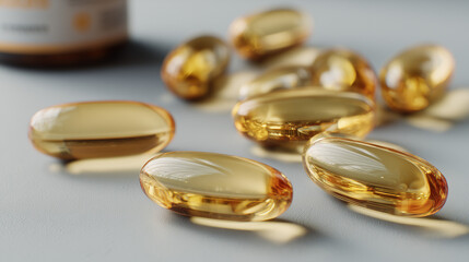 omega-3 fish oil capsules with golden transparency, magnesium powder in a small glass bowl with leafy greens, vitamin B12 capsules in a clean blister pack.