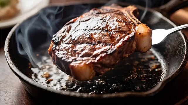 Grilled steak in cast iron pan